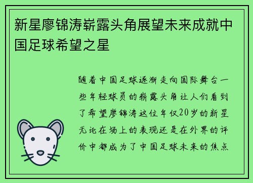 新星廖锦涛崭露头角展望未来成就中国足球希望之星