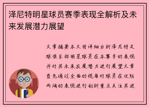 泽尼特明星球员赛季表现全解析及未来发展潜力展望