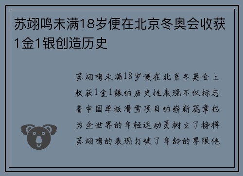 苏翊鸣未满18岁便在北京冬奥会收获1金1银创造历史