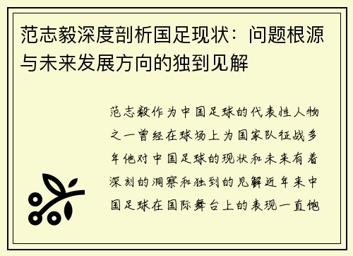 范志毅深度剖析国足现状：问题根源与未来发展方向的独到见解