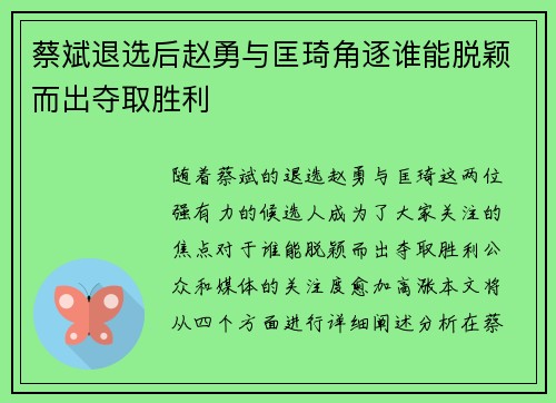 蔡斌退选后赵勇与匡琦角逐谁能脱颖而出夺取胜利